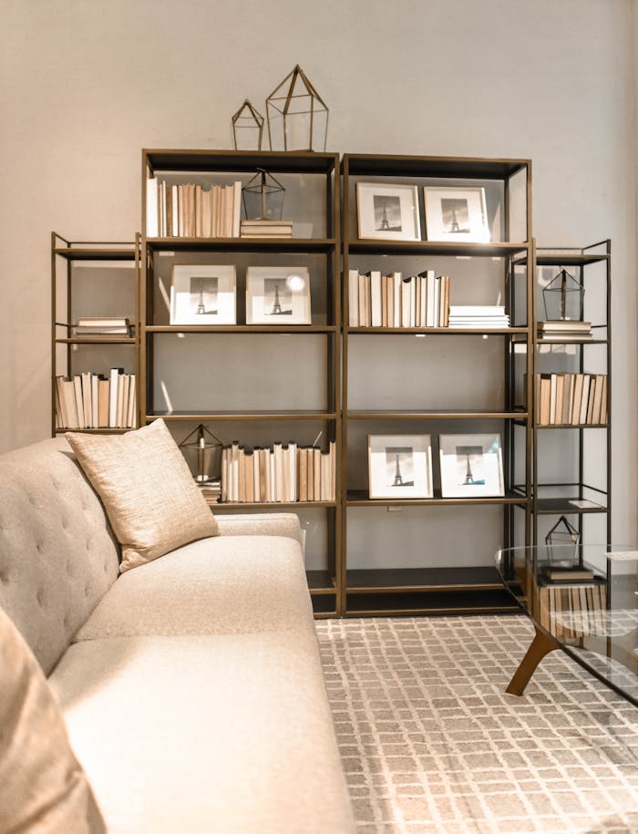 brand-01 A stylish modern living room featuring bookshelves with decor and a comfortable sofa. Ideal for interior design inspiration.