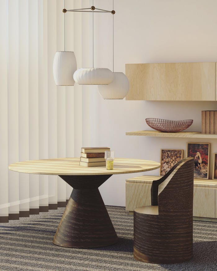 digital-01 Contemporary living room with wooden furniture and creative decorations. Ideal for interior design inspiration.